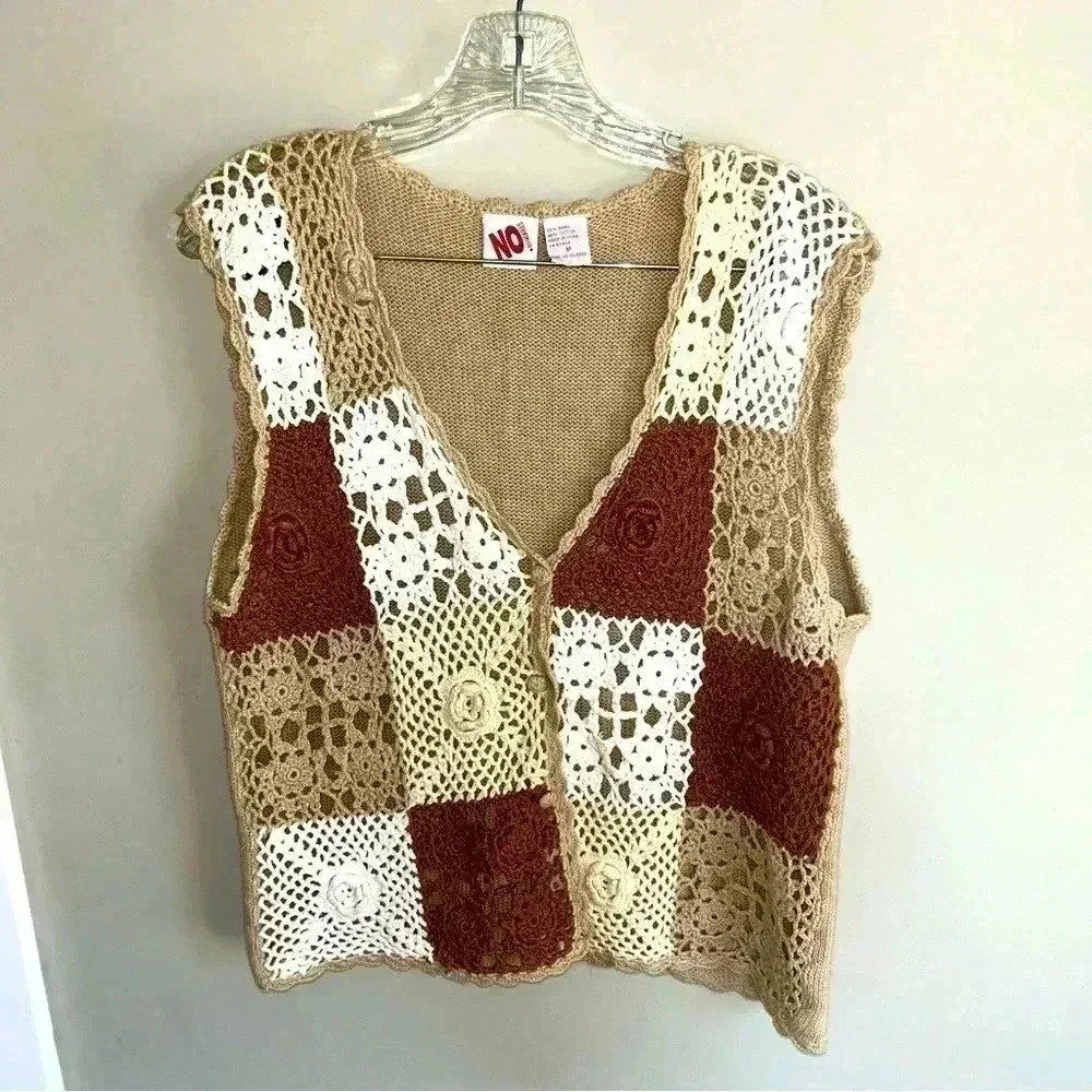 Vtg No Boundaries Size Large Neutral Crocheted Vest Sleeveless‎ Rose Color Block